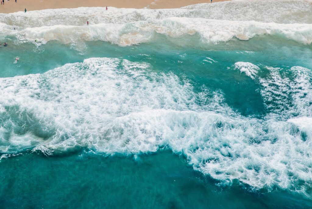 Aerial view of Gold Coast beach and Whitewater waves with blue undertones