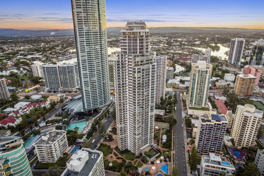 Drone image Peninsula Gold Coast, city buildings surrounding